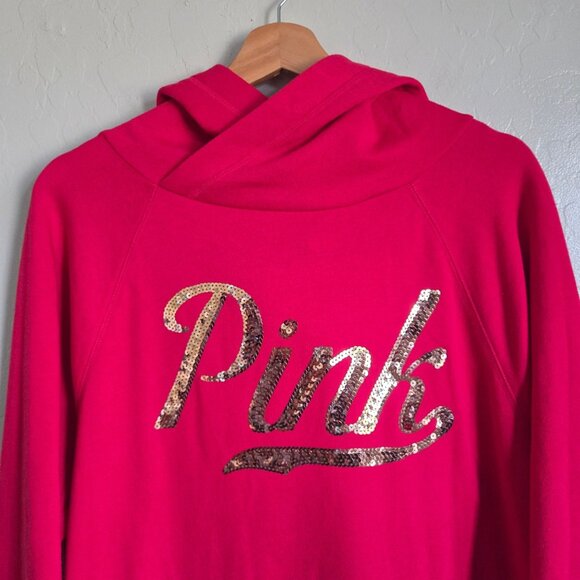 PINK Victoria's Secret Gold Sequins Bling Oversized Hoodie Pullover Red Sz S NEW - Picture 3 of 9